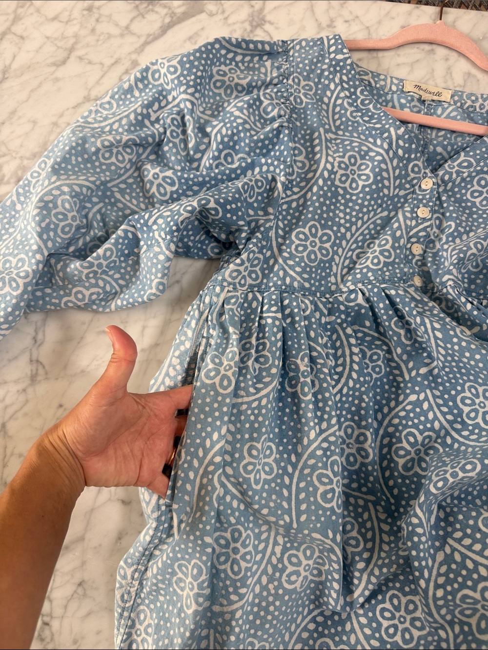 MADEWELL Sz L Bubble-Sleeve Button-Front Mini Dress in Indigo Paisley - Picture 10 of 10